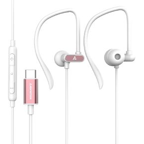 USB C Headphones with Microphone Wired USB C Earphones for Sports and Running Type C Earbuds Hooks Volume Control, Compatible with iPhone 15, Samsung, Google and Other Type C Smart Phone, Rose Gold