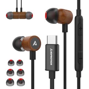 USB C Headphones for iPhone, Type C Earbuds Red Pear Wood Wired HiFi Stereo with Remote & Mic, USB C Earphones Compatible with iPhone 15 Pro Max, Galaxy S23, iPad Pro Device with Type C, Black