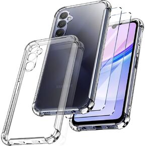 Case for Samsung Galaxy A15 4G/5G + 2 Tempered Glass Screen Protector, Soft TPU Silicone Case Cover, Bumper with Reinforced Corners, Clear Protection. (Transparent)