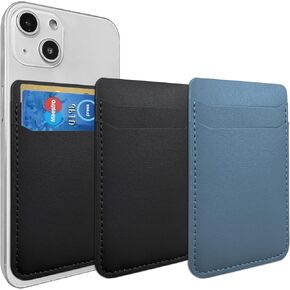 Phone Wallet, Card Holder for Phone Case, Leather Double Pocket Phone Card Holder Stick On for iPhone, Android Cell Phone - 3Pack Black Blue Grey
