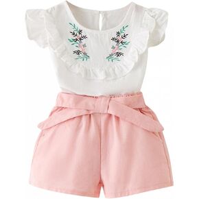 Toddler Kids Baby Girl Summer Outfit Clothes Embroidery T-Shirt Tops Shorts Pants Set