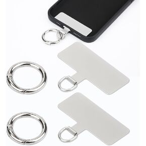 2pcs Phone Tether Patch, Metal Phone Tether Tabs with 2pcs Spring Rings Cell Phone Lanyard Patch Replacement without Adhesive for Most Cell Phones (Silver)