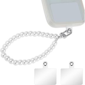 Phone Wrist Lanyard, Pearl Phone Charm Lanyard White Hand Wristlet Strap Pearl Beaded Phone Charm String Cellphone Wrist Strap Lanyard with 2 Back Patch for Women Girls Mobile Phone Wallet Camera