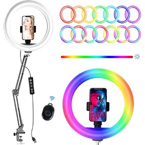 10.2" Selfie Ring Light with Stand, Overhead Camera Mount with Phone Holder for Desk, 12 Dimming Levels, 53 Color Modes, Stepless Dimmable/Speed LED Ring Light for Live Stream,Make Up,YouTube,TikTok