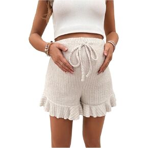 Women's Maternity High Waist Shorts Ribbed Knit Knot Front Ruffle Trim Pregnancy Shorts