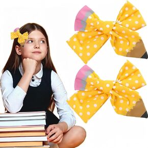 Back to School Pencil Hair Bows Clips for Girls, School Bow Hair Clips,Pencil Hairbows Kindergarten Girls Students Toddler Hair Accessories (Yellow)