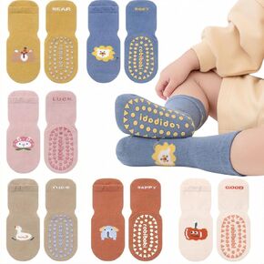 Baby Non-Skid Sock Non Slip Toddler Sock with Grips Anti-Slip Crew Sock for Infant Toddler Boy Girl 6 Pairs