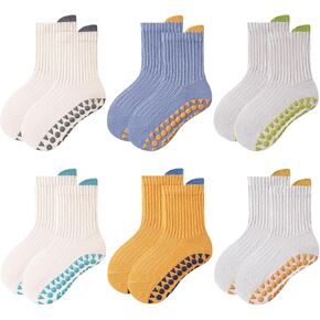 Fly love 6Pairs Baby Toddler Socks with Grips Anti Slip Non Skid Socks Cartoon Cute Cotton Crew Socks