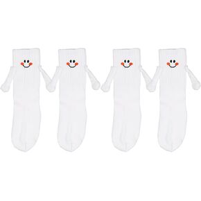2 Pairs Hand Holding Socks for Kids, Funny Magnetic Mid-Tube Socks White Smile Face Matching Crazy Silly Slipper Socks Friendship Birthday Gift for Children Toddler (6-9 Years)