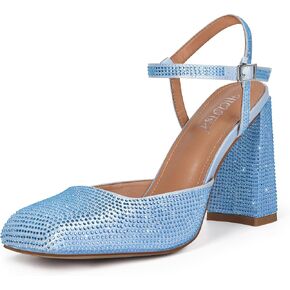 Women's Rhinestone Closed Square Toe Chunky High Heel Sandals Ankle Strap Buckle Slingback Party Dress Pumps Shoes