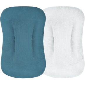 Muslin Baby Lounger Cover, 2 Pack Soft and Breathable Organic Cotton Newborn Lounger Slipcover for Boys Girls (Blue, Gray)