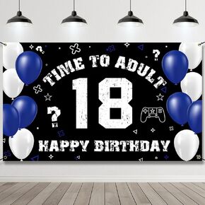 Fabric 18th Birthday Decoration for Boys, Happy 18th Birthday Banner Blue White, 18 Year Old Birthday Party Yard Sign Photo Booth Props Background Decor Supplies for Men