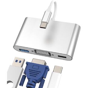 USB C to VGA USB-A Type-C Adapter(3in1) TV Splitter Digital AV Converter Charger Connector Cord Thunderbolt OTG Cable Projector Monitor Sync Screen Mouse MacBook Apple IPhone15 Pro Max Plus ipad Pro