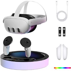 Charging Dock for Meta Quest 3, VR Fast Charging Station with RGB Light for Oculus Quest 3 Accessories, Fits Headset and Controllers, with Rechargeable Batteries and USB-C Cable