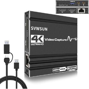 HDMI Audio Video Capture Card: 4K@60Hz with RJ45 & Microphone USB 3.0 Loop-Out Device for Live Streaming Gaming Video Conference Works Switch/PS5/PS4/PS3/OBS/Xbox/Camera/PC/Phone