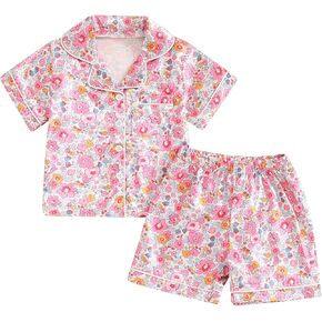Baby Girls Floral Satin Pajamas Sets Short Sleeves Button Down Shirt and Shorts 2 Piece Silk Lounge Pjs Outfits