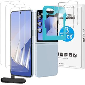 OMOTON 3Sets 9PCS for Samsung Galaxy Z Flip 6 Screen Protector, 3 Main TPU Film + 3 Front Tempered Glass + 3 Camera Lens Protector, Case Friendly/Easy Installation with Alignment Tool