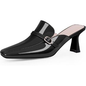 Women's Square Closed Toe Kitten Heel Mules Buckle Comfortable Slip On Patent Leather Dress Shoes