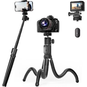 UBeesize Extendable Phone Tripod, Flexible Tripod with Remote, 3 in 1 Selfie Stick Tripod with Gopro Mount, iPhone Stand for Recording, Volgging, Live Streaming Fit for Cell Phones, Canon Sony Cameras