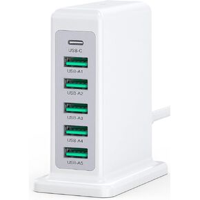 Charging Station for Multiple Devices, 45W 6 Port USB Charger Charging Block with 1 USB C 5 USB A Port, USB Power Strip Plug Charging Hub Multi Travel Chargers for iPhone iPad, Tablets, Smartphones