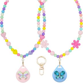 for Airtag Necklace Holder, 2 Pack Cute Beaded Case Cover for Kids Toddler Girl (Butterfly-Heart)