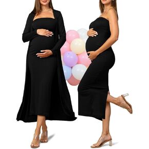 Rnxrbb 2 Piece Maternity Dress Cardigan Baby Shower Wedding Guest Summer Gender Reveal Photoshoot Tube Maternity Dress Long
