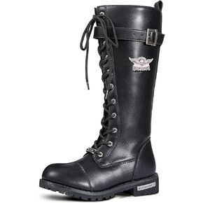 Dream Apparel Women’s Motorcycle Boots for Riding, Biker Boots with Full Length Side Zipper, Lace Up Knee High Boots with Calf Buckle, Black PU Leather Combat Boots for Ladies