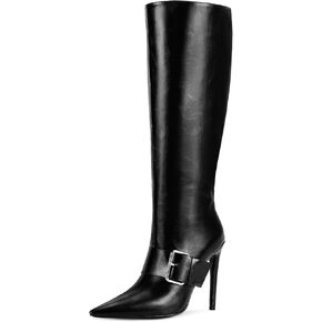 wetkiss Knee High Boots Women With Side Zipper Pointed Toe Stiletto High Heels Buckle Strap Not for Bigger Wide Calf