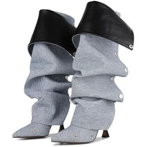 CELNEPHO Knee High Boots for Women Stiletto High Heel Pointed Toe Applique Denim Boots Zipper Detachable Snap-Off Wide Calf Slouchy Ruched Panel Shark Boots for Women