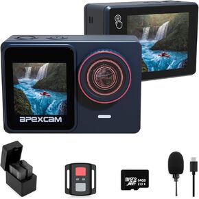 Apexcam Action Camera 4K/60FPS with 64GB SD Card,131FT Waterproof Underwater Camera 48MP Sports Camera WiFi Touch Screen Helmet Camera with External Mic, Remote Control,Mounting Accessories Kit