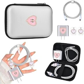 DIY Phone Charger Case Storage Set Wire Saver Cable Organizer with Travel Storage Bag, Soft Cute Black Pearl Bow Tie Love Cable Charger Protector Cord Organizer for iPhone(Sliver)