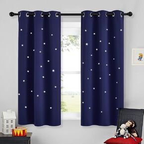 NICETOWN Star Curtout Curtains for Boys Bedroom, Starry Night Room Darkening Rod Pocket Window Curtain for Baby Nursery, Short Grommet Curtains for Small Window, Single Panel, 34W x 54L, Navy Blue