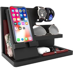 Gifts for Men Desk Organizer Wooden Phone Docking Station for Men Key Wallet Holder Watch Organizer Men Birthday Gifts for Men Dad Birthday Gift Nightstand Organizer