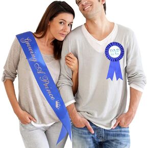 "Growing A Prince" Sash & Dad to Be Pin Kit - Little Prince Baby Shower It's A Boy Royal Prince Gift (Royal Blue)