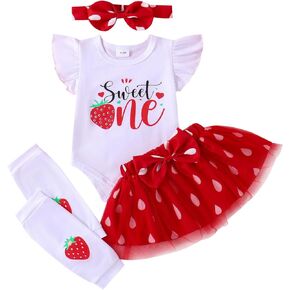 Baby Girl Birthday Outfits Strawberry Sweet One Letter Print Romper Bodysuit+ Bowknot Tulle Skirts Dress Clothes