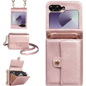 LOHASIC for Samsung Galaxy Z Flip 6 Wallet Case with Card Holder Crossbody Strap Lanyard with RFID Blocking Purse Cell Phone Cases for Samsung Galaxy Z Flip 6 5G 2024, Rose Gold