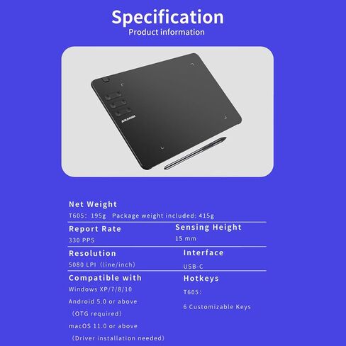 تابلت رسم T605S مقاس 6.7x4 بوصة تابلت رسم رقمي للرسومات مع ضغط قلم 8192 و6 مفاتيح ساخنة مخصصة للتدريس والتصميم والمبتدئين عبر الإنترنت من جامعة ولاية أوهايو، والعمل مع أجهزة Mac والكمبيوتر الشخصي والهواتف المحمولة in Kuwait