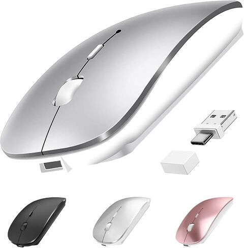 ماوس بلوتوث لاسلكي USB C لجهاز MacBook Air Pro iMac كمبيوتر سطح المكتب، ماوس C صامت لاسلكي قابل لإعادة الشحن لأجهزة Mac المكتبية/iPad/Surface Pro (BT5.2/3.0، 2.4G USB A، جهاز استقبال من النوع C) in Kuwait