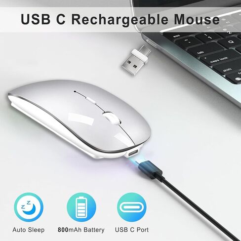 ماوس بلوتوث لاسلكي USB C لجهاز MacBook Air Pro iMac كمبيوتر سطح المكتب، ماوس C صامت لاسلكي قابل لإعادة الشحن لأجهزة Mac المكتبية/iPad/Surface Pro (BT5.2/3.0، 2.4G USB A، جهاز استقبال من النوع C) in Kuwait