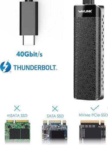 حاوية WAVLINK 40 جيجابت في الثانية NVMe، حاوية M.2 متوافقة مع Thunderbolt 4/3/USB 4، Thunderbolt 3 إلى M Key/B+M Key 2280 NVMe SSD، تصميم مبدد الحرارة، مع كابل Thunderbolt 50 سم، حتى 4 تيرابايت in Kuwait