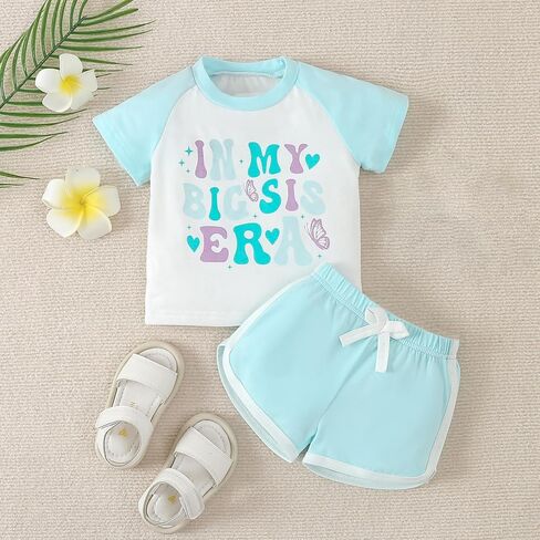Toddler Baby Girl Clothes Set Raglan Short Sleeve T-Shirts Tops Shorts Infant 2Pcs Butterfly Letter Print Outfits in Saudi Arabia