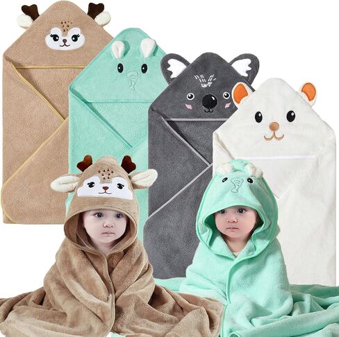 Hooded Baby Towels 4Pack Unisex Hooded Towels Super Soft Absorbent Baby Boys Girls 31.5x31.5 Inch Unique Animal Design Towels Set Gift for Newborn Infant Toddler Essentials in Saudi Arabia