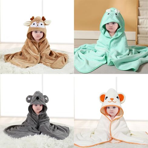 Hooded Baby Towels 4Pack Unisex Hooded Towels Super Soft Absorbent Baby Boys Girls 31.5x31.5 Inch Unique Animal Design Towels Set Gift for Newborn Infant Toddler Essentials in Saudi Arabia