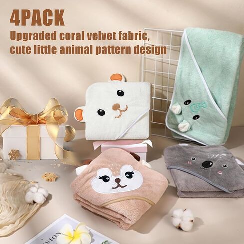 Hooded Baby Towels 4Pack Unisex Hooded Towels Super Soft Absorbent Baby Boys Girls 31.5x31.5 Inch Unique Animal Design Towels Set Gift for Newborn Infant Toddler Essentials in Saudi Arabia