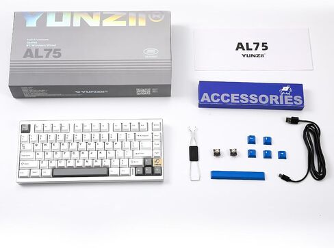 YUNZII AL75 75% لوحة مفاتيح للألعاب، لوحة مفاتيح ميكانيكية لاسلكية من الألومنيوم BT/2.4G/سلكية قابلة للتبديل السريع ولوحة مفاتيح كريمية مسبقة التشحيم، لوحة مفاتيح مخصصة RGB مثبتة على حشية TKL لجهاز Mac/Win (فضي، مفتاح كريم الكاكاو) in Kuwait