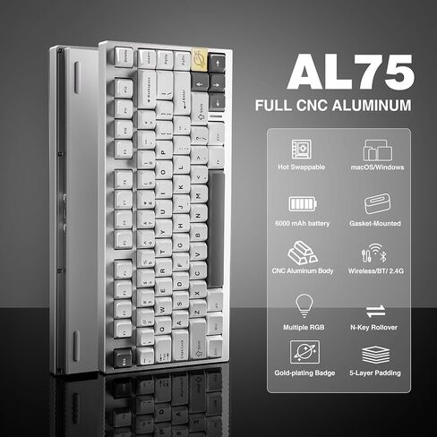 YUNZII AL75 75% لوحة مفاتيح للألعاب، لوحة مفاتيح ميكانيكية لاسلكية من الألومنيوم BT/2.4G/سلكية قابلة للتبديل السريع ولوحة مفاتيح كريمية مسبقة التشحيم، لوحة مفاتيح مخصصة RGB مثبتة على حشية TKL لجهاز Mac/Win (فضي، مفتاح كريم الكاكاو) in Kuwait