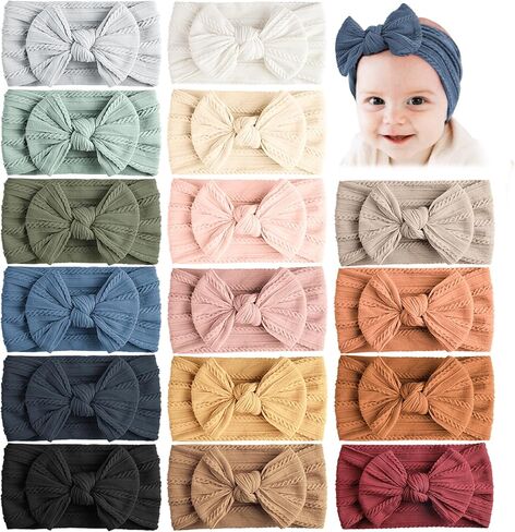 Jesries 16 PCS Baby Headbands and Bows Soft Nylon Hairbands Girls Hair Accessories for Newborn Infant Toddler Kids Handmade in Saudi Arabia