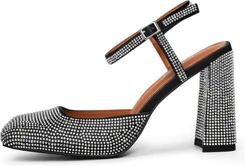 Women's Rhinestone Closed Square Toe Chunky High Heel Sandals Ankle Strap Buckle Slingback Party Dress Pumps Shoes in Saudi Arabia