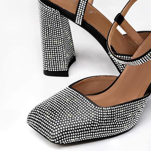 Women's Rhinestone Closed Square Toe Chunky High Heel Sandals Ankle Strap Buckle Slingback Party Dress Pumps Shoes in Saudi Arabia