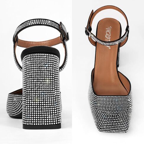 Women's Rhinestone Closed Square Toe Chunky High Heel Sandals Ankle Strap Buckle Slingback Party Dress Pumps Shoes in Saudi Arabia